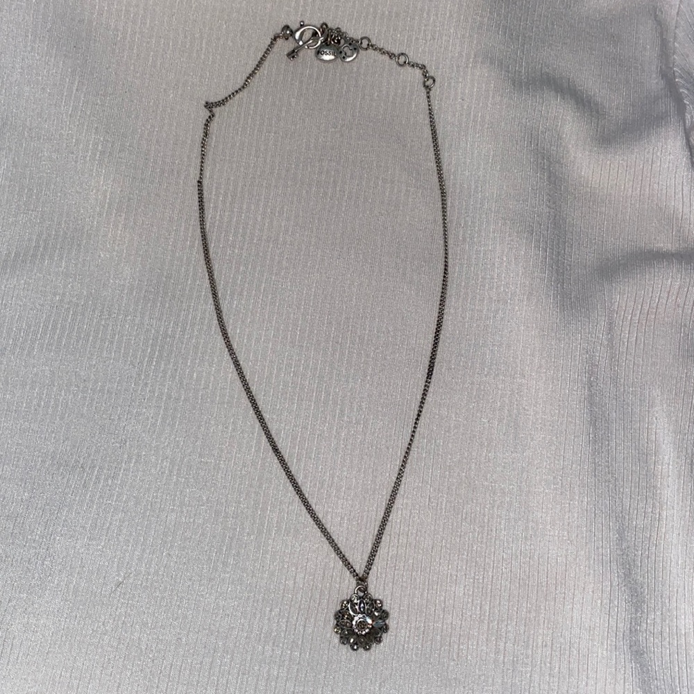 Fossil Rhinestone Encrusted flower Necklace Silver